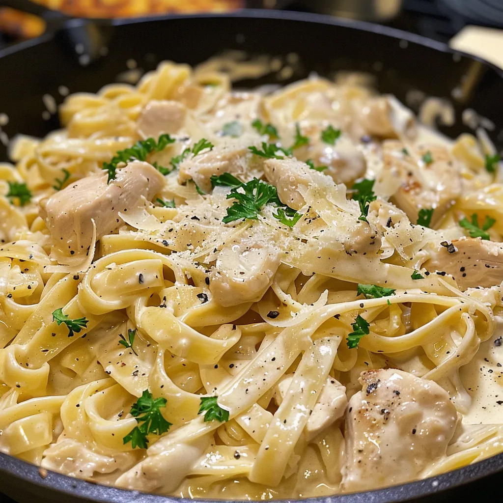 Side view of plate filled with Chicken Alfredo pasta, highlighting the creamy texture and melted cheese.