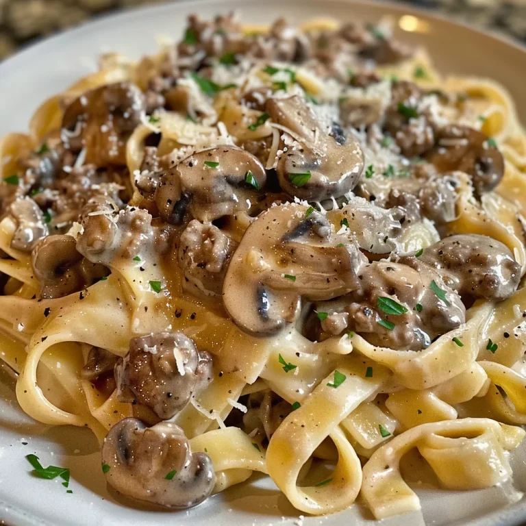Indulge in Comfort: The Ultimate Creamy Beef & Mushroom Pasta Recipe Delicious fettuccine topped with beef, mushrooms, and a creamy sauce.