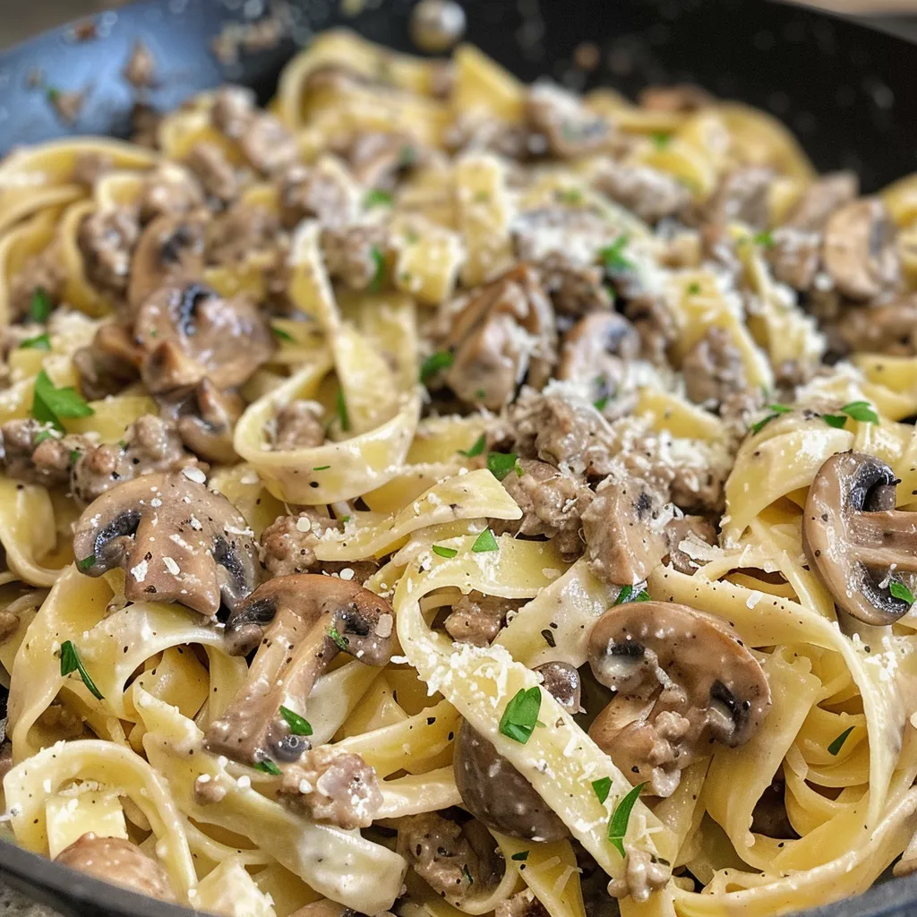 Side view of colorful pasta with ground beef, mushrooms, and parsley garnish.