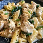 Close-up of creamy chicken and spinach pasta with fresh herbs and lemon zest.