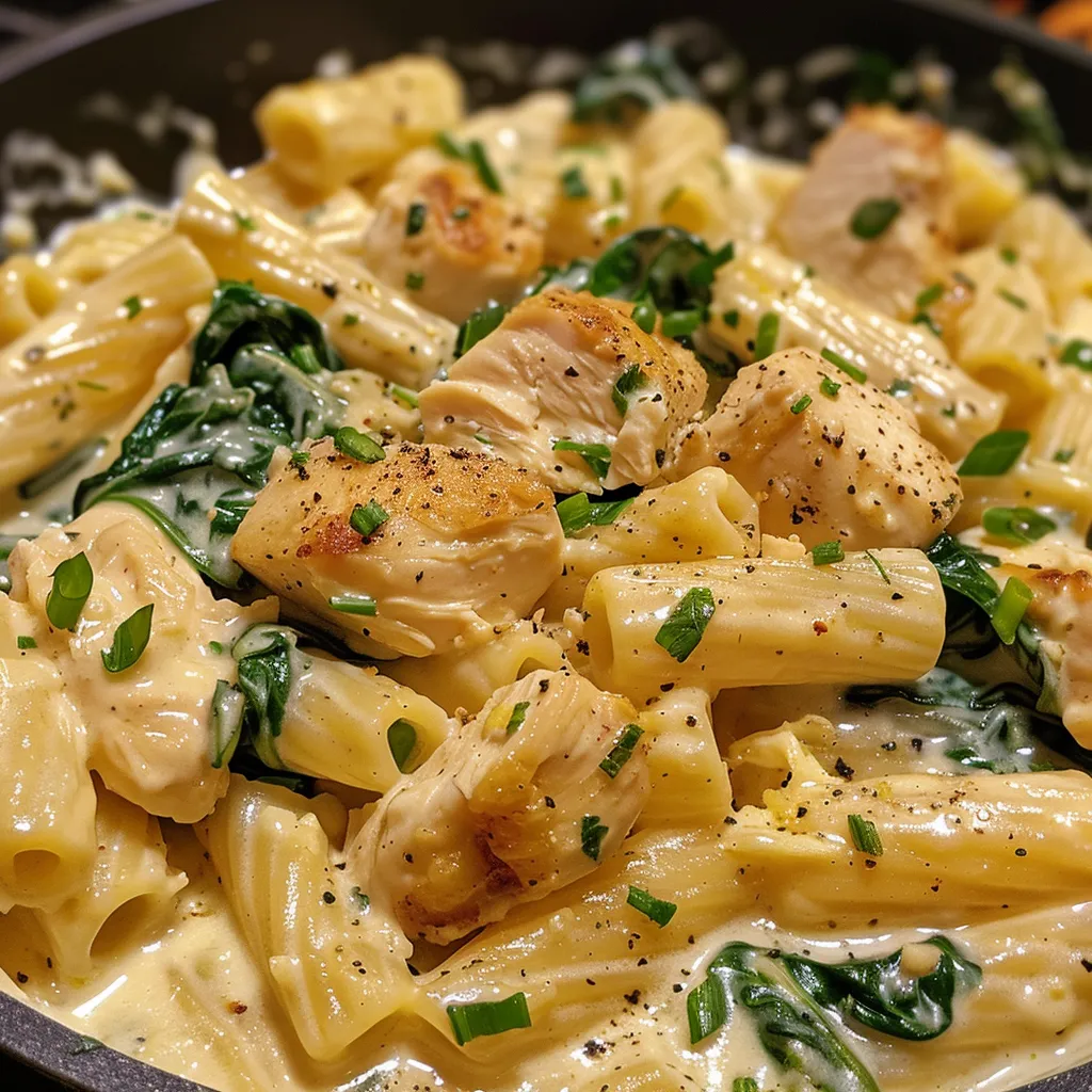 Delicious bowl of creamy pasta featuring chicken pieces and bright green spinach.