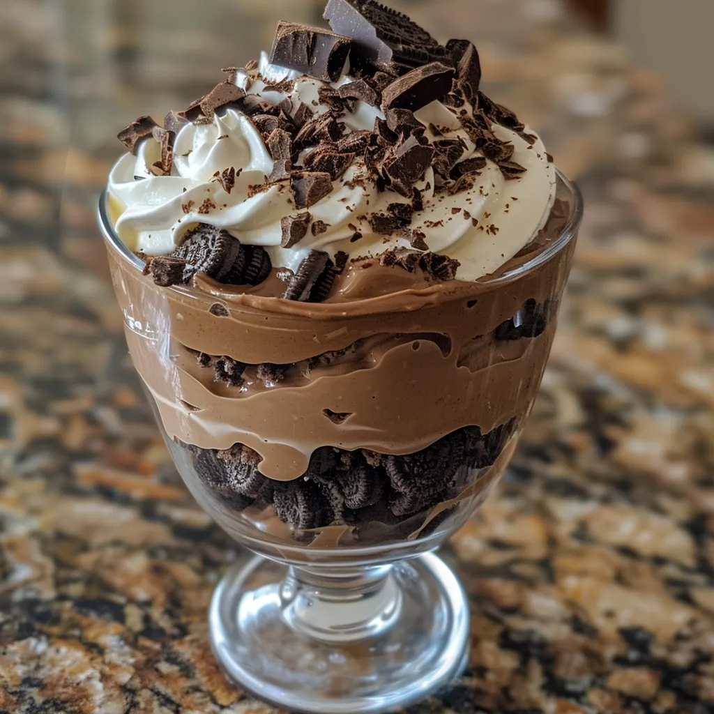 Close-up image of a chocolate dessert in a glass, showcasing creamy layers and garnishes.