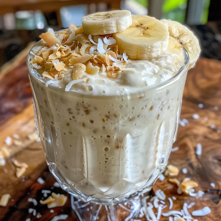 Indulge in Tropical Delight The Creamy Coconut Bliss Smoothie Experience Close-up view of a creamy coconut smoothie in a glass, garnished with shredded coconut.