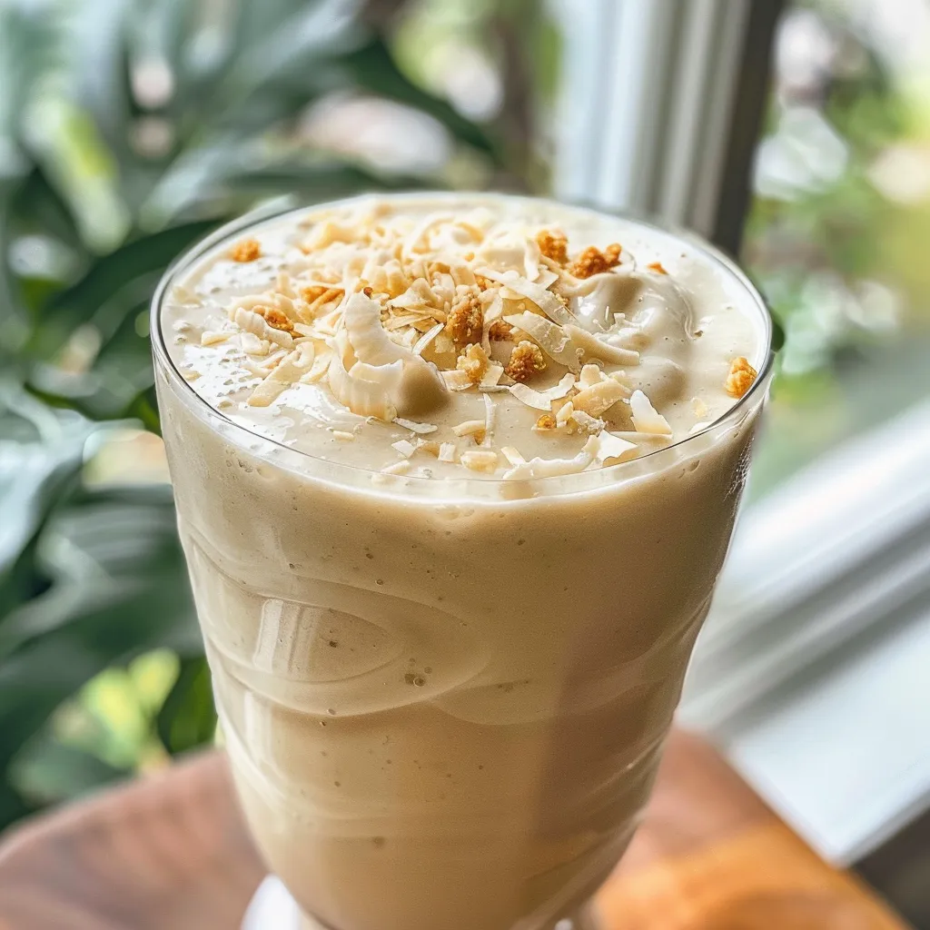 Side view of a delicious coconut smoothie with a banana perched on the edge of the glass.