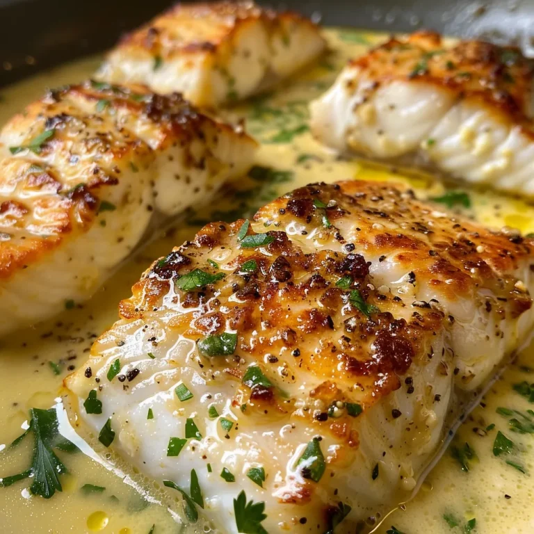 Elevate Your Dinner with Irresistibly Creamy Garlic Butter Cod Side view of creamy garlic butter cod on a plate, highlighting its delicious texture.