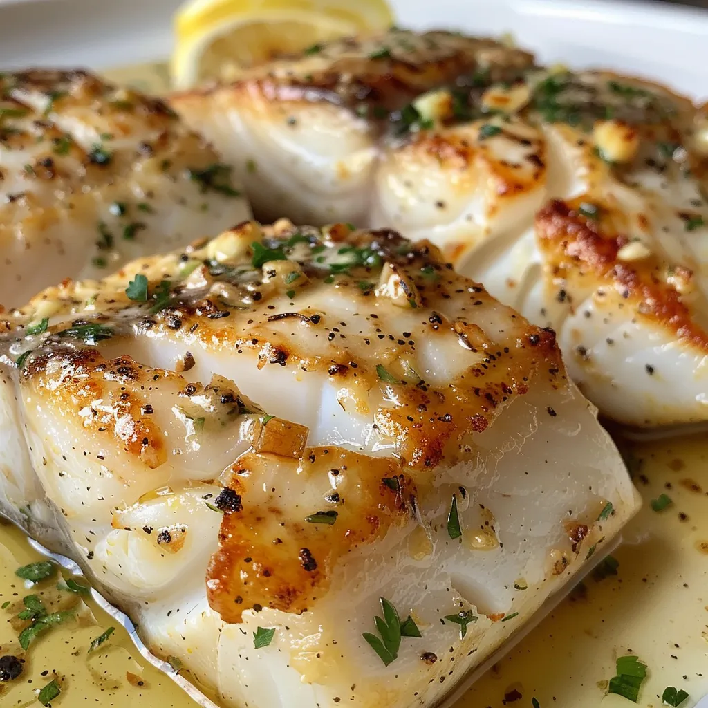 Freshly cooked cod fillets drenched in a luscious garlic butter sauce.