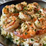 Delicious bowl of shrimp and rice with vibrant herbs and creamy sauce.