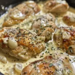 Close-up view of creamy garlic chicken dish with juicy chicken breasts and garlic cloves.