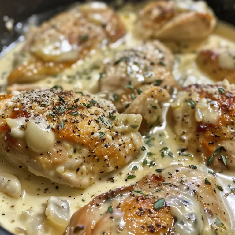 Unlocking the Rich Flavors of Creamy Garlic Chicken A Culinary Adventure Close-up view of creamy garlic chicken dish with juicy chicken breasts and garlic cloves.