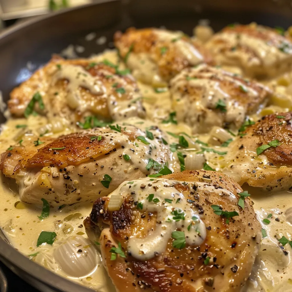 Side close-up of tender chicken in creamy sauce with visible garlic and herbs.