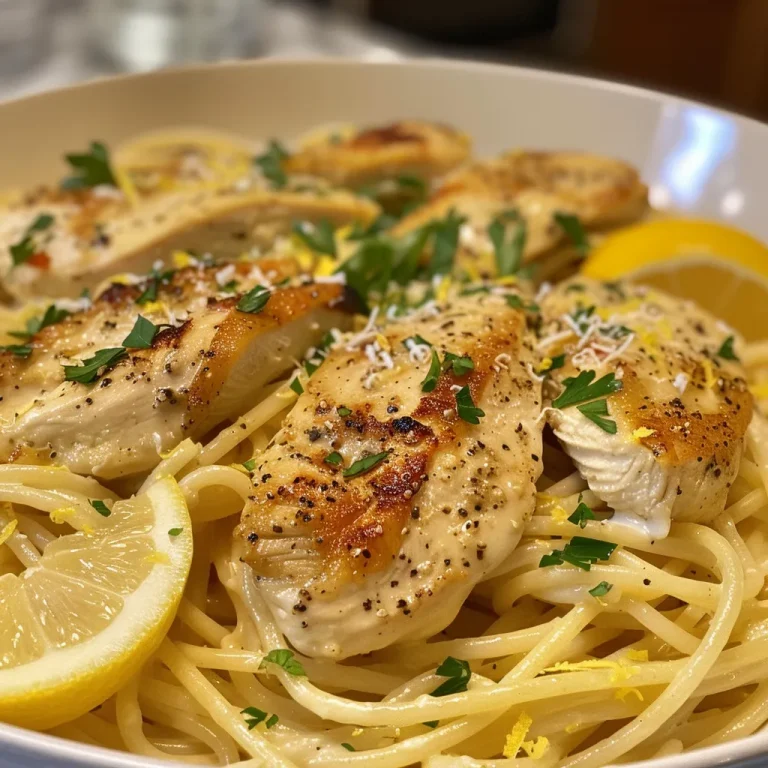 Elevate Your Dinner with Creamy Lemon Chicken Pasta: A Symphony of Flavors A plate of creamy lemon chicken pasta topped with freshly grated Parmesan and lemon wedges.