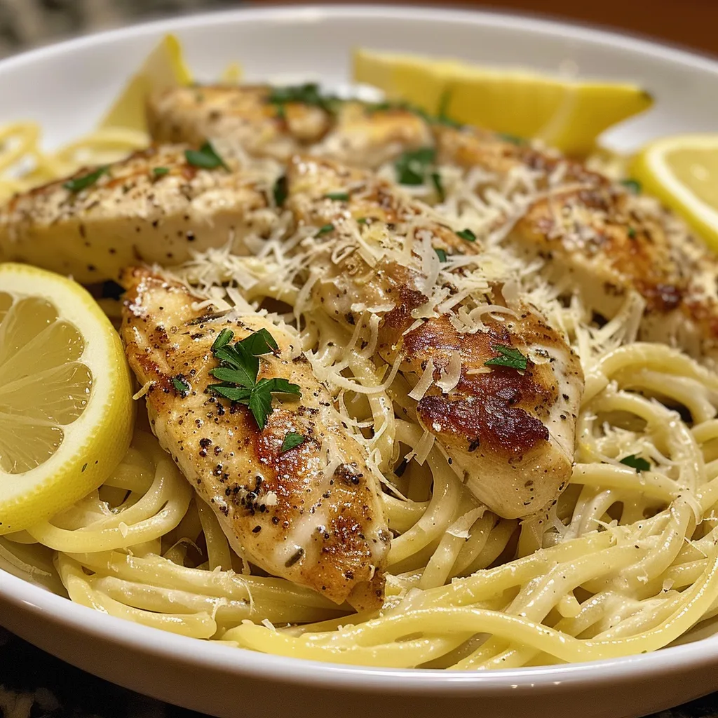 Delicious creamy pasta dish featuring chicken, garlic, and lemon zest in a rich sauce.