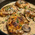 Close-up view of creamy mushroom chicken dish garnished with chives.