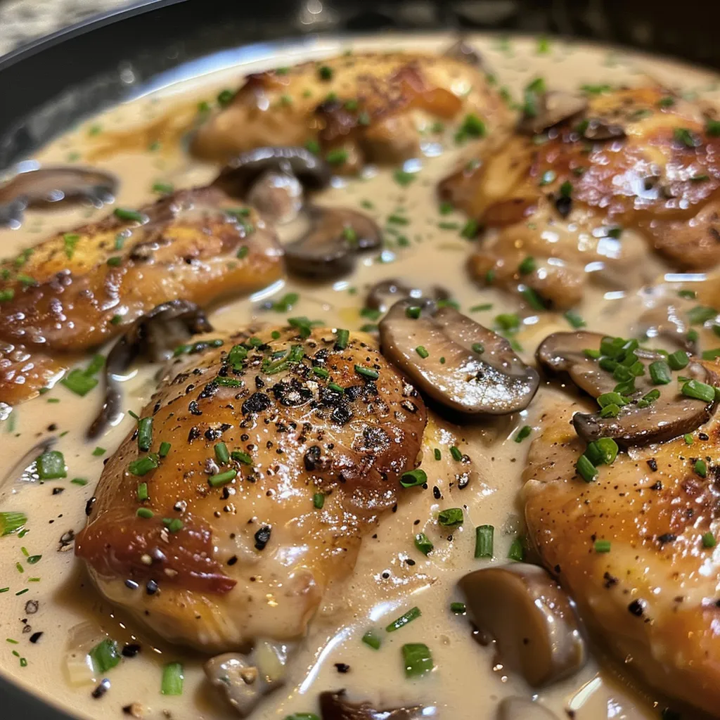 Side profile of juicy chicken thighs in creamy mushroom sauce with garlic.