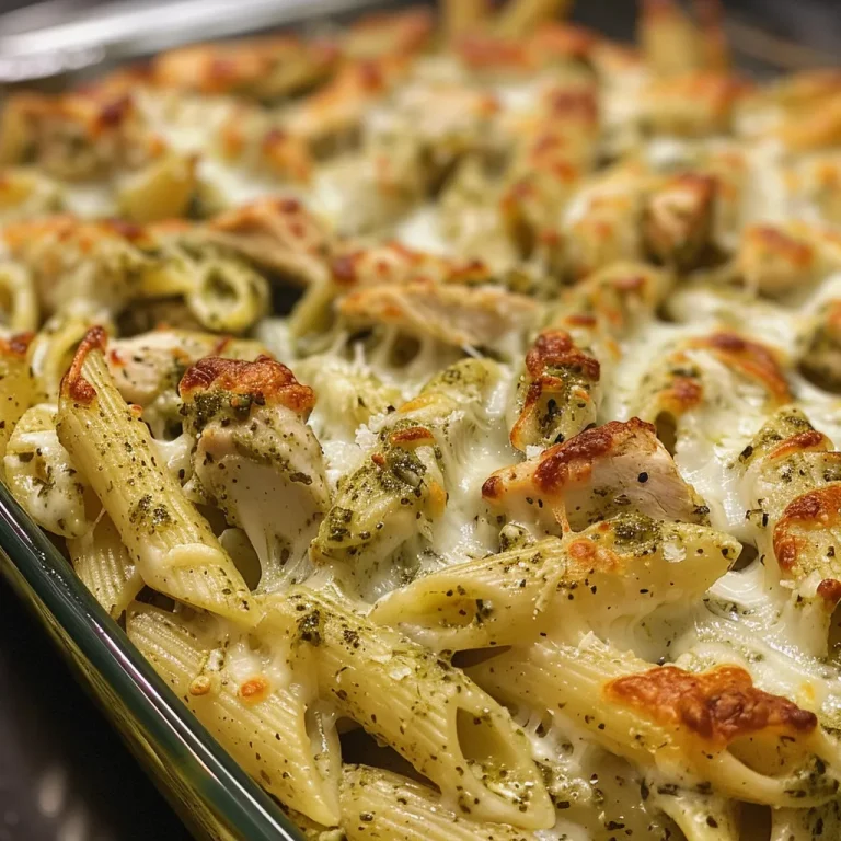 A Wholesome Twist on Comfort Food: Creamy Pesto Chicken Pasta Bake Side view of creamy baked pasta with chicken and melted cheese.