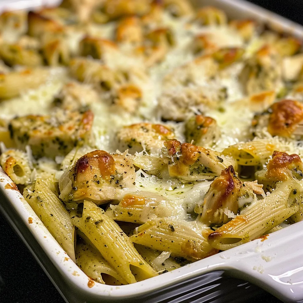 Delicious creamy pesto chicken pasta bake, freshly cooked and presented.