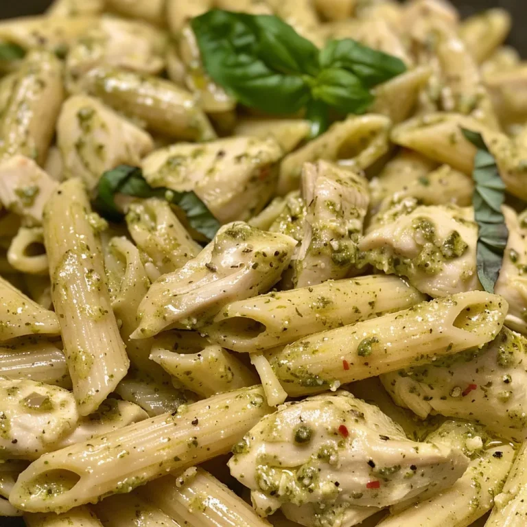 Elevate Your Weeknight Dinners with Creamy Pesto Chicken Pasta A side view of creamy pesto chicken pasta showcasing fresh ingredients and melted cheese.