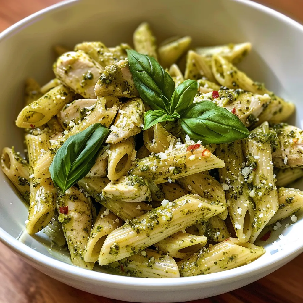 An appetizing plate of chicken pasta with a rich green pesto sauce and garnished with spinach.