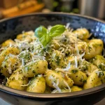 Appetizing close-up of gnocchi in creamy pesto sauce with Parmesan.