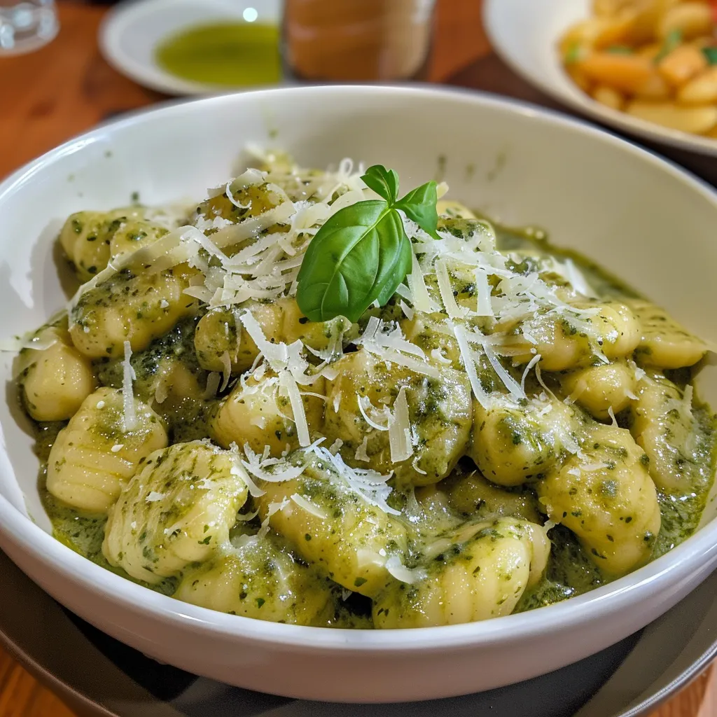 Tantalizing gnocchi dish drizzled with olive oil and topped with basil.