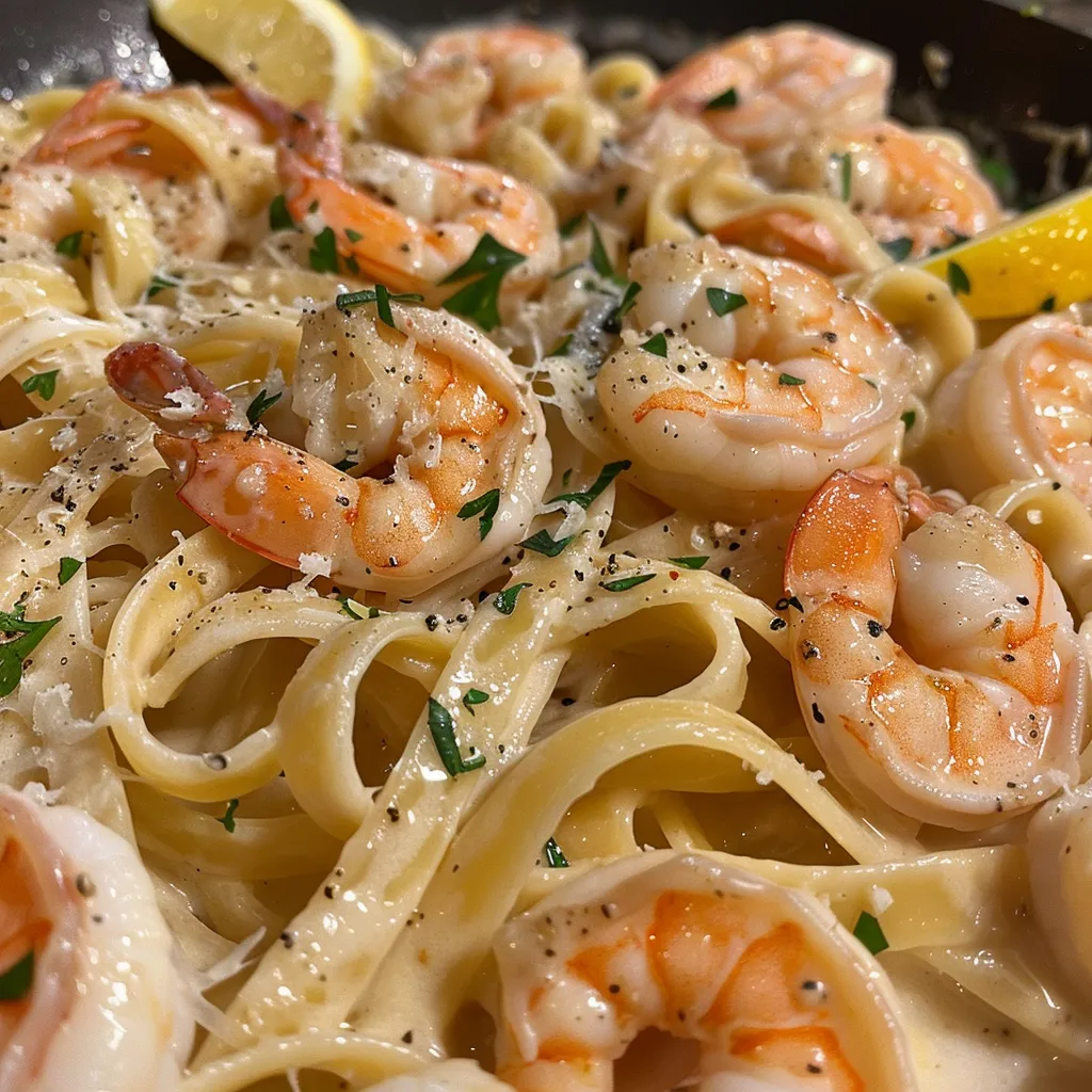 Side view of a delicious plate of creamy shrimp pasta with parsley garnish.