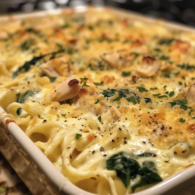 Elevate Your Dinner Game with Creamy Spinach Chicken Alfredo Bake Delicious baked dish featuring creamy spinach and shredded chicken with a golden crust.