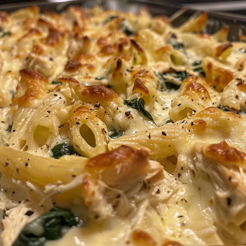 Tasty creamy spinach chicken Alfredo bake presented in a white dish, topped with cheese and herbs.