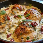 Close-up view of creamy Tuscan chicken and rice dish with vibrant colors and textures.