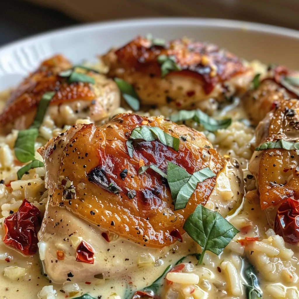 Juicy chicken breasts topped with sun-dried tomatoes and creamy sauce over rice.