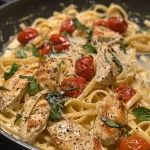 A close-up view of creamy Tuscan chicken pasta with sun-dried tomatoes and spinach in a bowl.