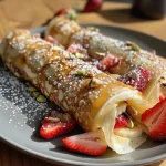 Juicy crepe rolls stuffed with cream and garnished with strawberries and melted chocolate.