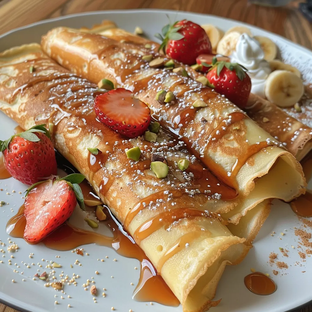 Creamy crepe rolls featuring strawberries and a drizzle of chocolate sauce, shown from the side.
