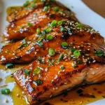 Delicious salmon fillet glazed with honey and garlic, showcasing crispy skin.