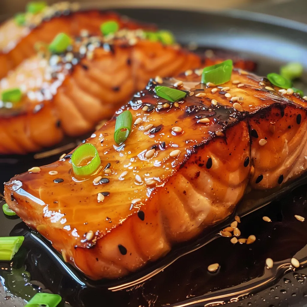 A beautifully plated portion of honey garlic glazed salmon, garnished elegantly.