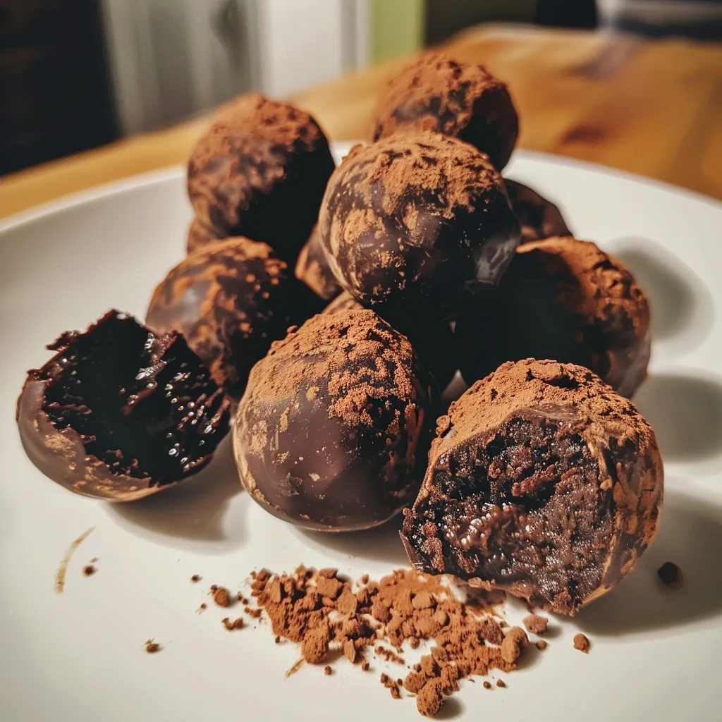 Side view of dark chocolate truffles made with avocado, displaying a dusting of cocoa powder.