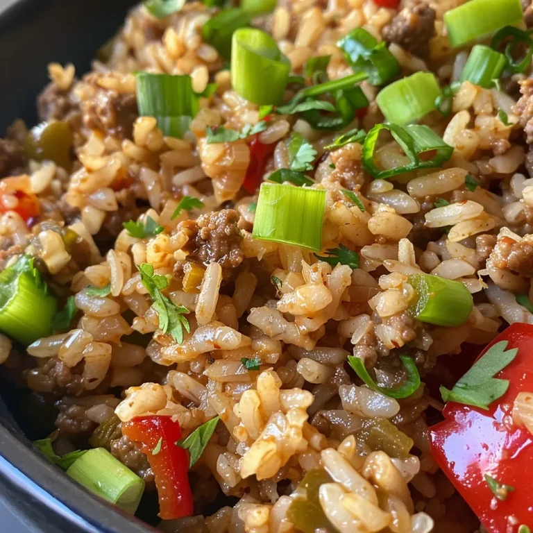 A Hearty Twist on Southern Comfort Mastering Dirty Rice with Ground Beef Close-up of a bowl of Dirty Rice with Ground Beef, garnished with green onions.