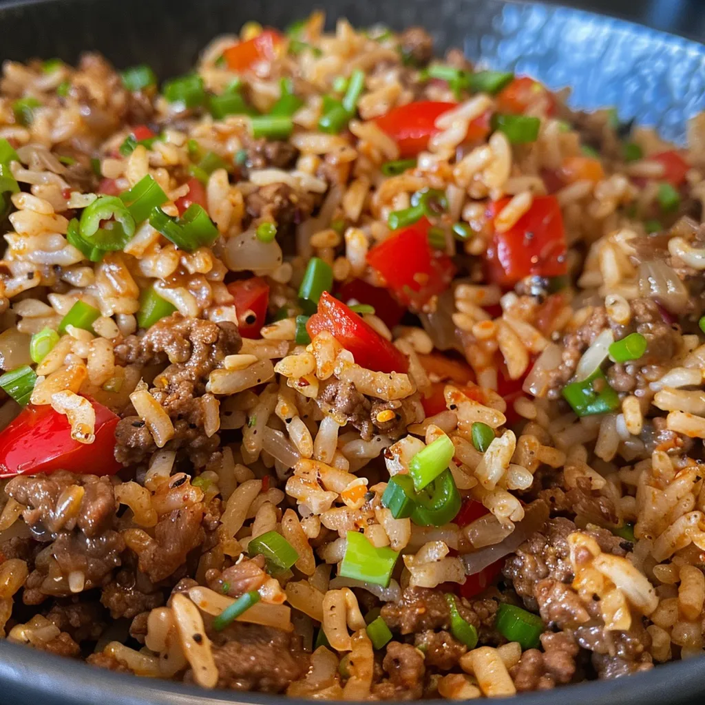 Juicy Dirty Rice with Ground Beef in a side view, showing colorful bell peppers and herbs.