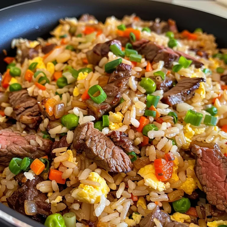 Close-up of juicy beef fried rice with colorful vegetables and green onions.