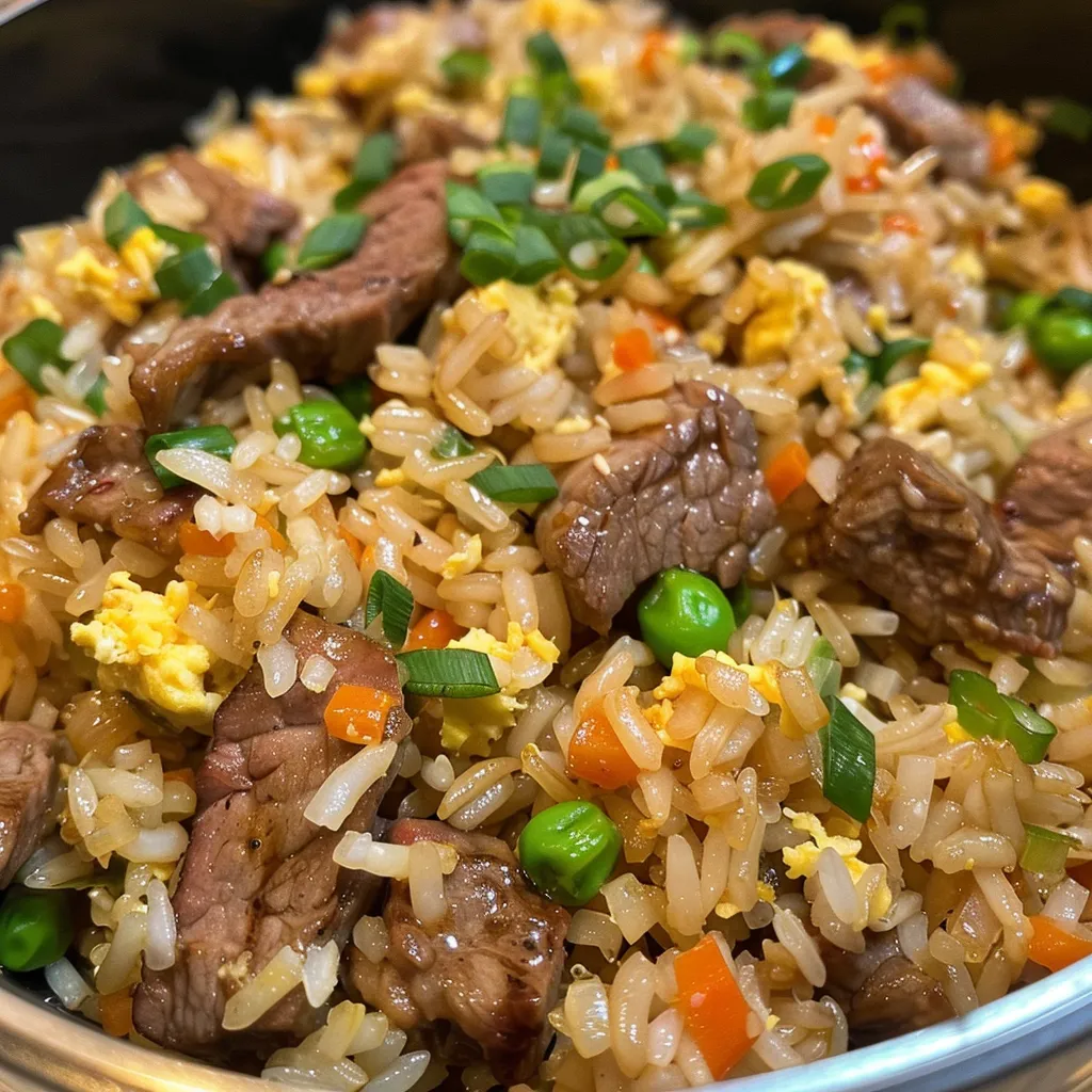 Side view of golden fried rice mixed with beef and vibrant veggies.