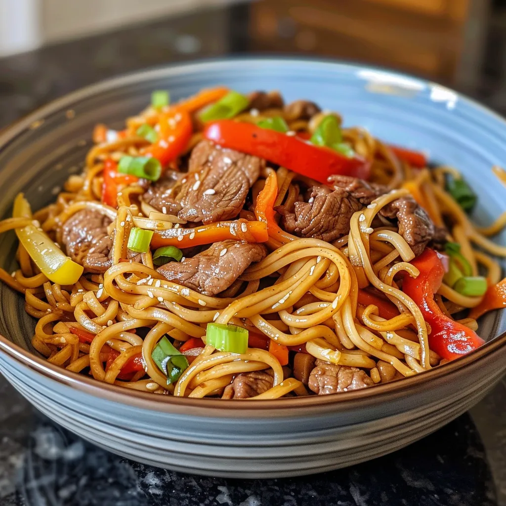 Juicy beef lo mein featuring thinly sliced sirloin, vibrant bell peppers, and noodles.
