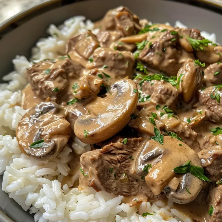 Savor the Simplicity A Comforting Beef Stroganoff to Warm Your Heart Close-up view of Easy Beef Stroganoff with Rice, highlighting the creamy sauce and tender beef.