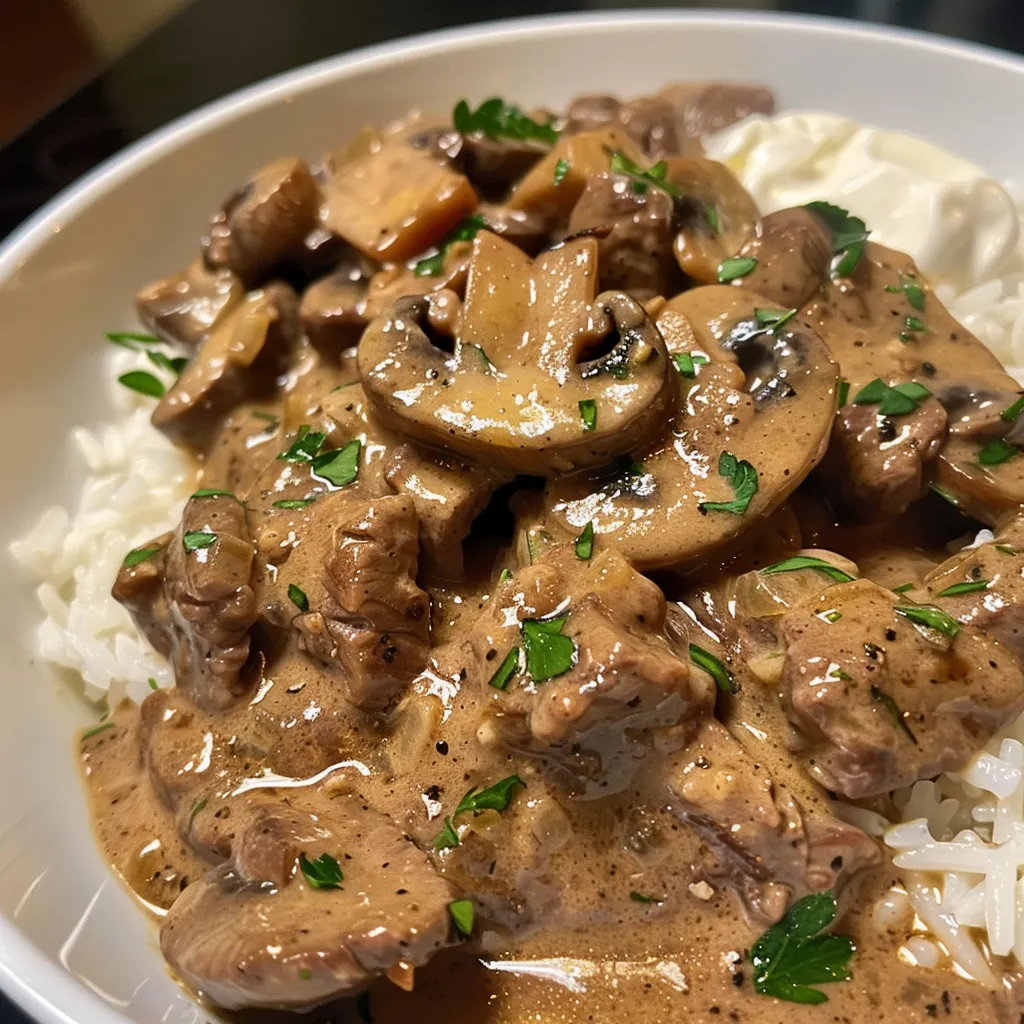 Juicy slices of beef Stroganoff served over fluffy rice, garnished with mushrooms and onions.