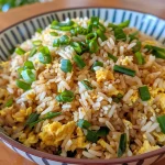 Close-up of a bowl of Easy Egg Fried Rice with colorful ingredients visible.