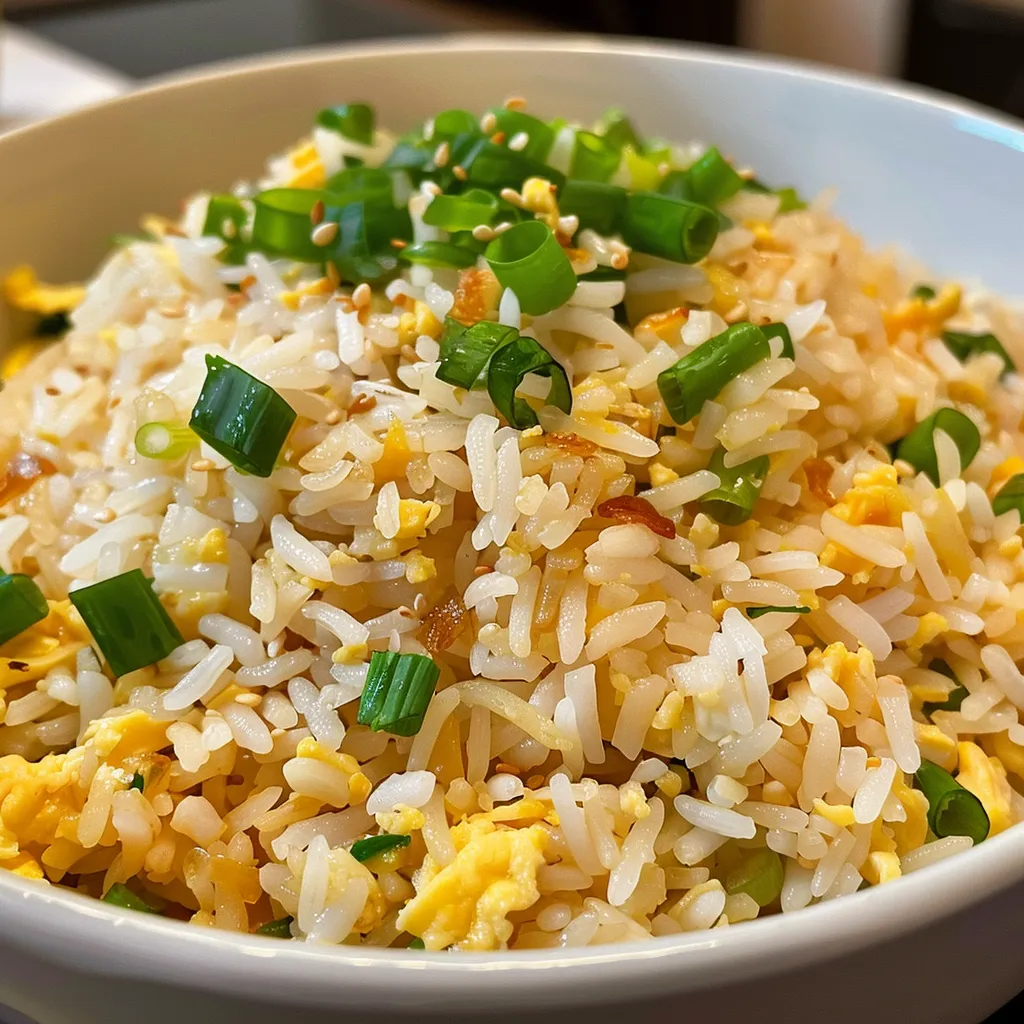 Side view of vibrant egg fried rice, showcasing fluffy grains and glossy soy sauce.
