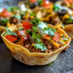 Juicy taco cups filled with seasoned beef, cheese, and toppings inside small flour tortillas.