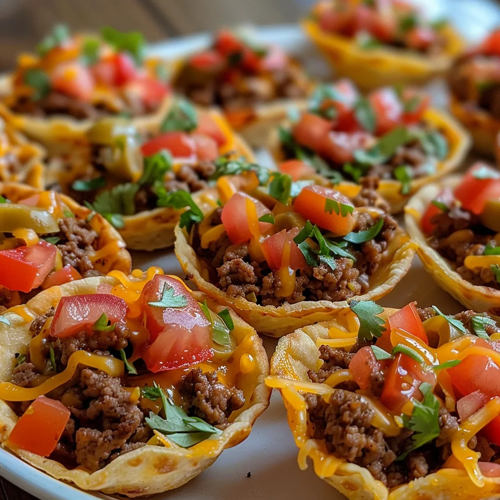 A side view of Easy Taco Cups showcasing layers of ground beef, cheese, and diced tomatoes.
