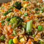 Close-up of a vibrant bowl of vegetable fried rice with colorful vegetables.