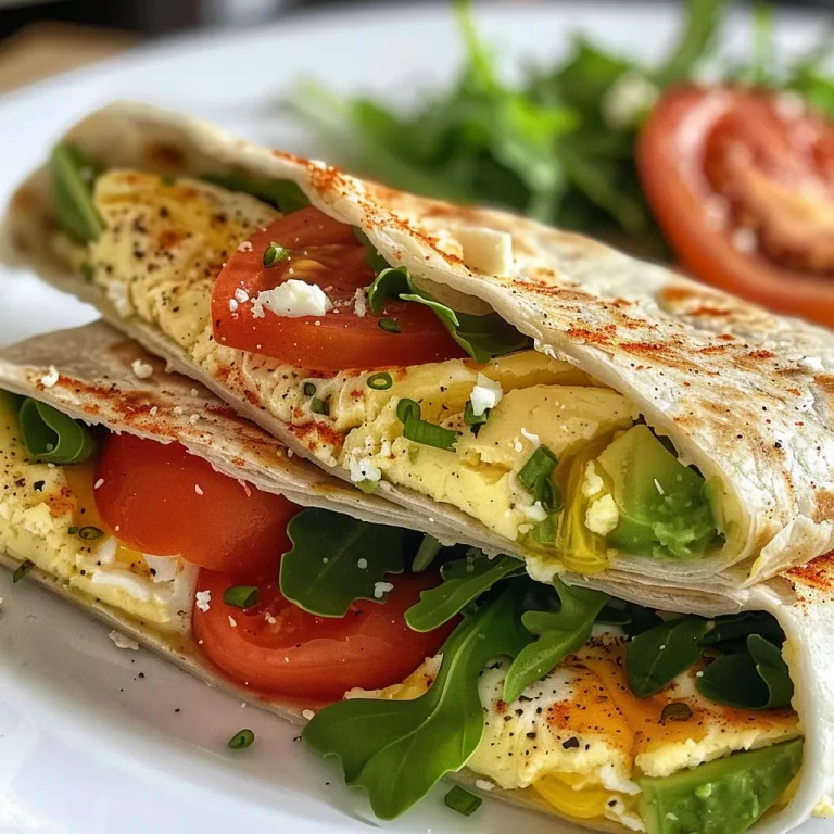 A close-up side view of a delicious egg wrap filled with avocado, arugula, and feta cheese.