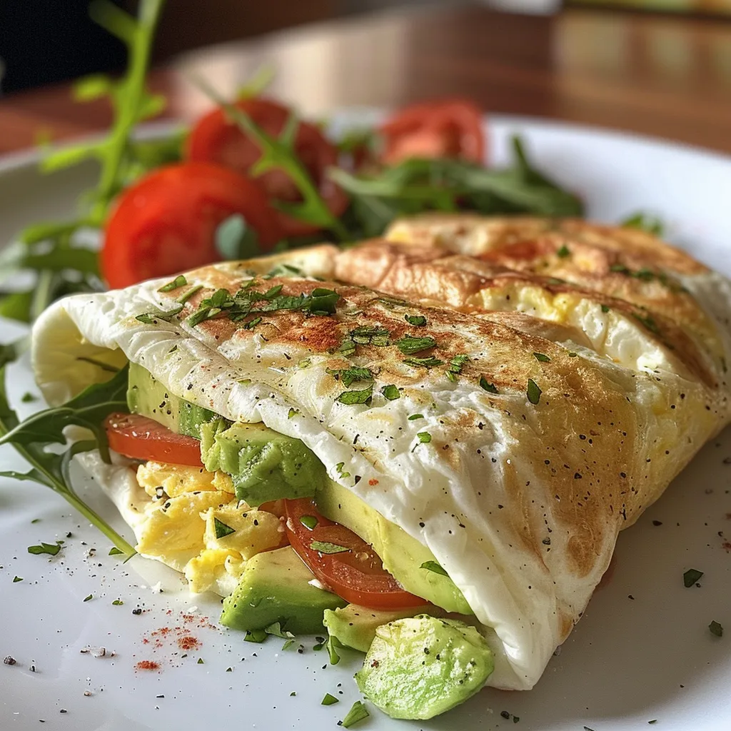 A mouthwatering egg wrap showcasing fresh ingredients like tomato and arugula, captured in detail.