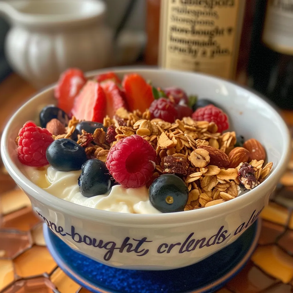 Close-up of an energizing Greek yogurt breakfast bowl featuring vibrant berries and crunchy granola.